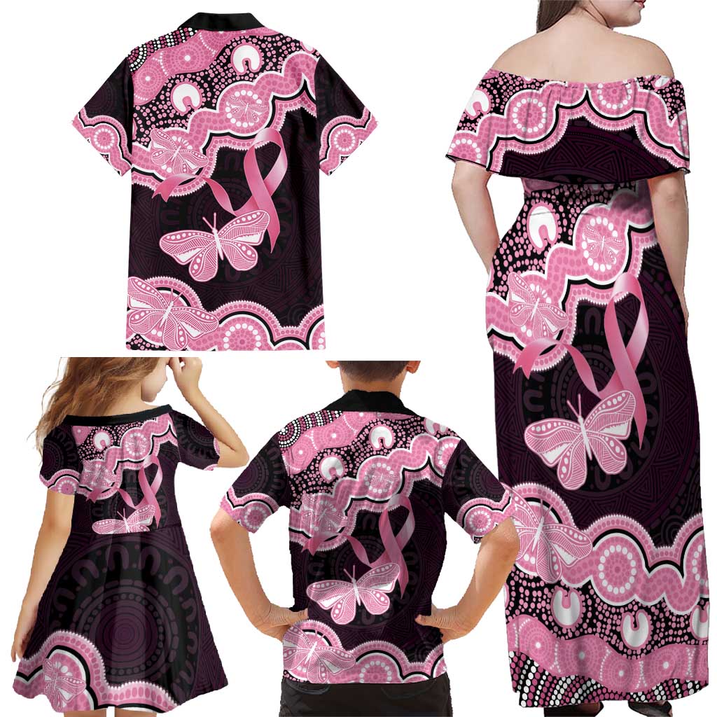 Australia Indigenous Family Matching Off Shoulder Maxi Dress and Hawaiian Shirt Pink Ribbon Breast Cancer Butterfly Aboriginal Black - Aussie Hoodie