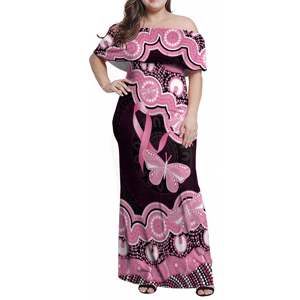 Australia Indigenous Family Matching Off Shoulder Maxi Dress and Hawaiian Shirt Pink Ribbon Breast Cancer Butterfly Aboriginal Black - Aussie Hoodie