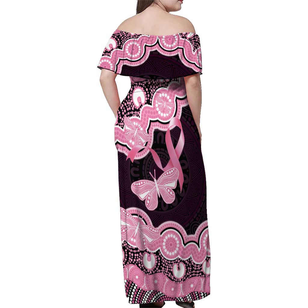 Australia Indigenous Family Matching Off Shoulder Maxi Dress and Hawaiian Shirt Pink Ribbon Breast Cancer Butterfly Aboriginal Black - Aussie Hoodie
