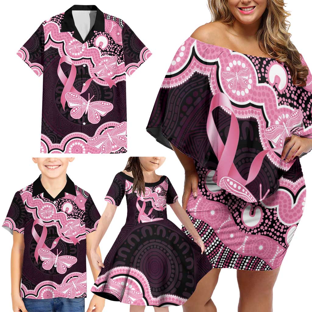 Australia Indigenous Family Matching Off Shoulder Short Dress and Hawaiian Shirt Pink Ribbon Breast Cancer Butterfly Aboriginal Black - Aussie Hoodie