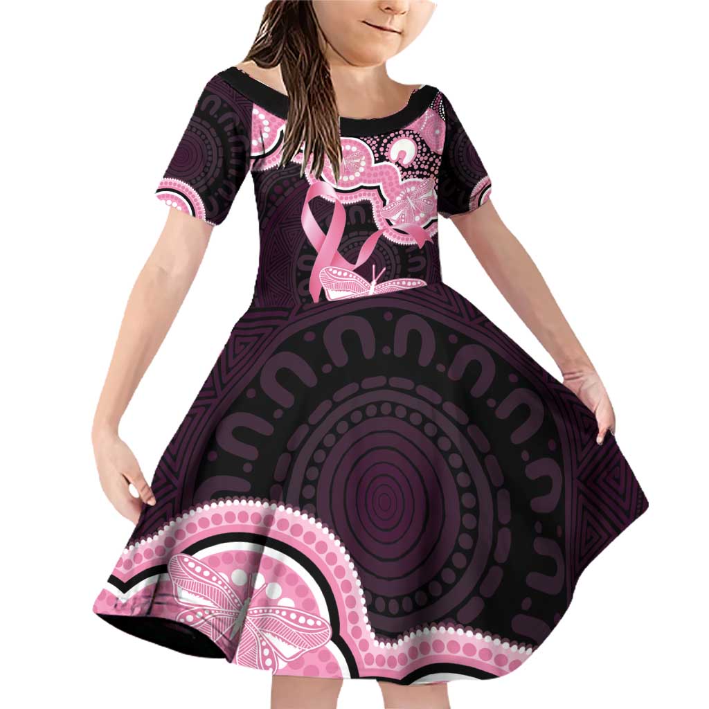 Australia Indigenous Family Matching Off Shoulder Short Dress and Hawaiian Shirt Pink Ribbon Breast Cancer Butterfly Aboriginal Black - Aussie Hoodie