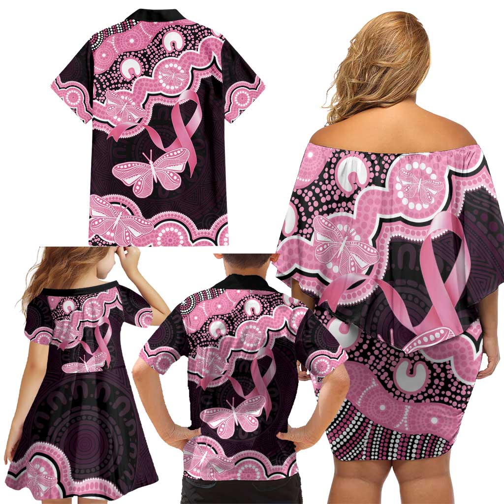 Australia Indigenous Family Matching Off Shoulder Short Dress and Hawaiian Shirt Pink Ribbon Breast Cancer Butterfly Aboriginal Black - Aussie Hoodie