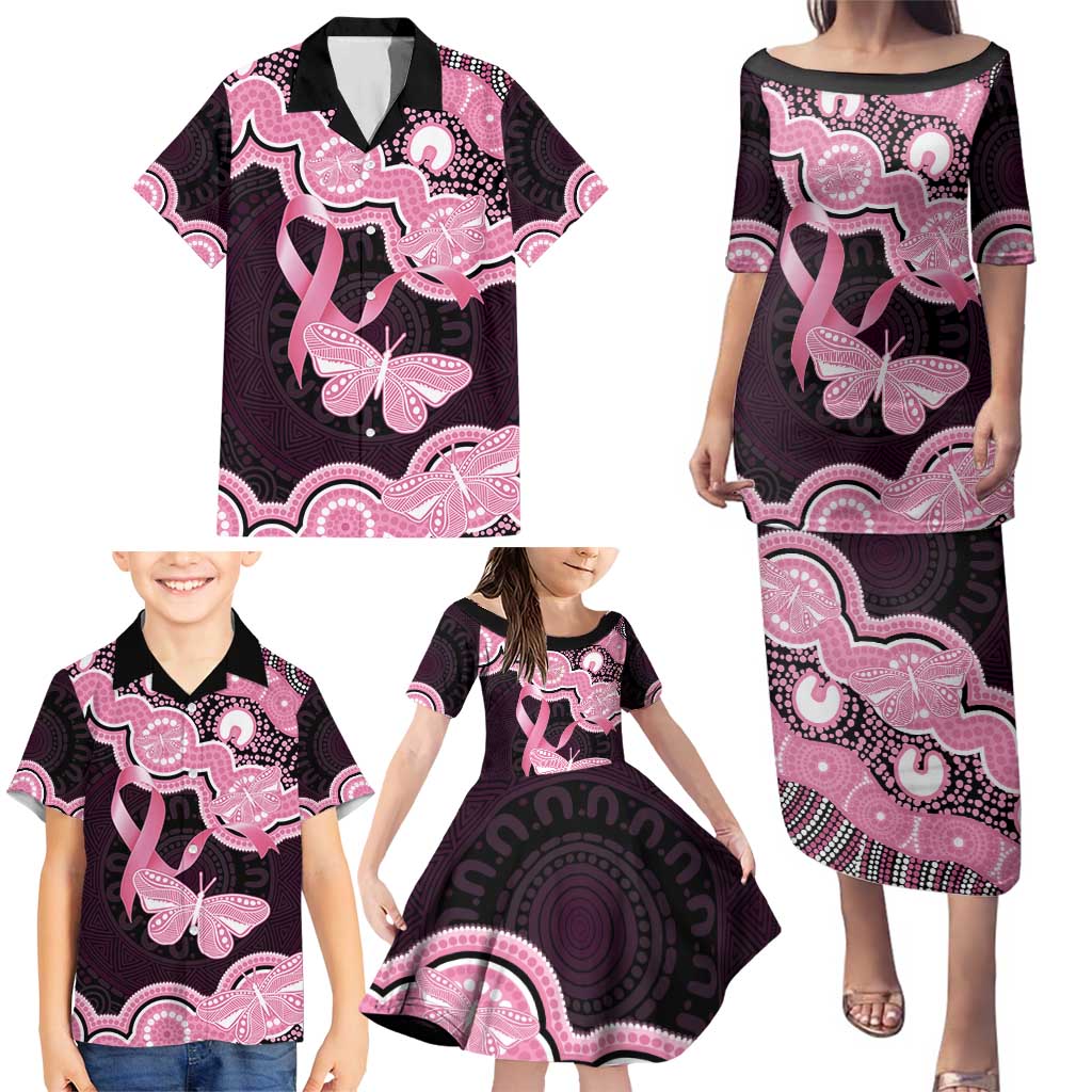 Australia Indigenous Family Matching Puletasi and Hawaiian Shirt Pink Ribbon Breast Cancer Butterfly Aboriginal Black - Aussie Hoodie