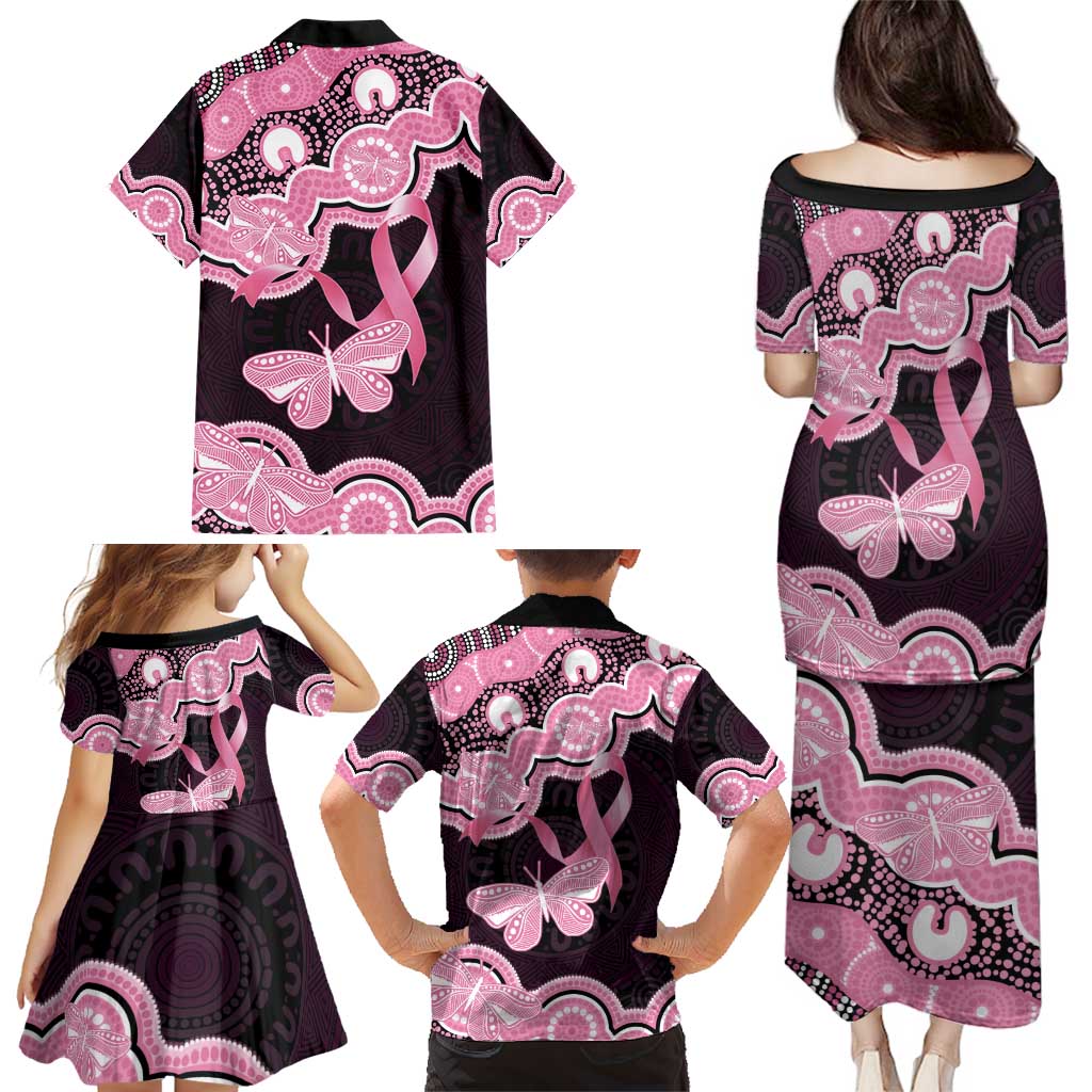 Australia Indigenous Family Matching Puletasi and Hawaiian Shirt Pink Ribbon Breast Cancer Butterfly Aboriginal Black - Aussie Hoodie