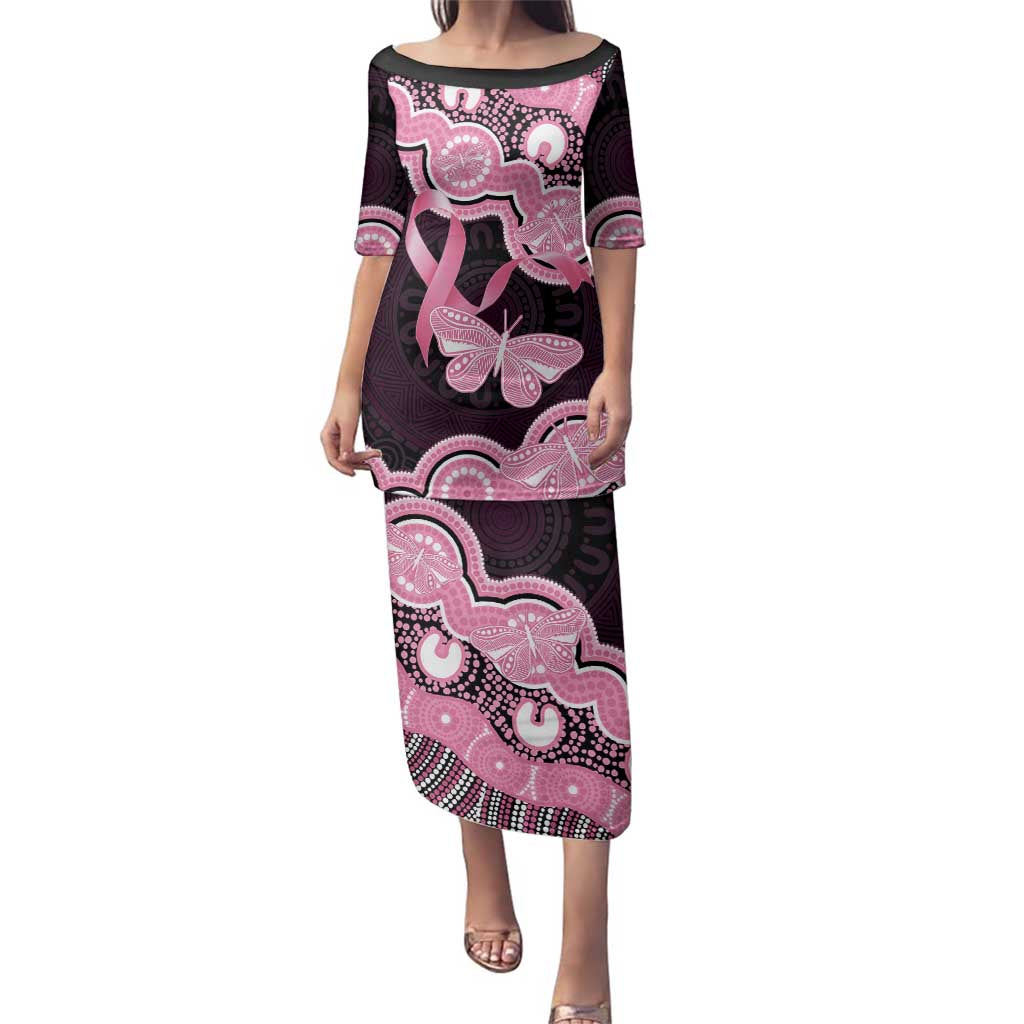 Australia Indigenous Family Matching Puletasi and Hawaiian Shirt Pink Ribbon Breast Cancer Butterfly Aboriginal Black - Aussie Hoodie