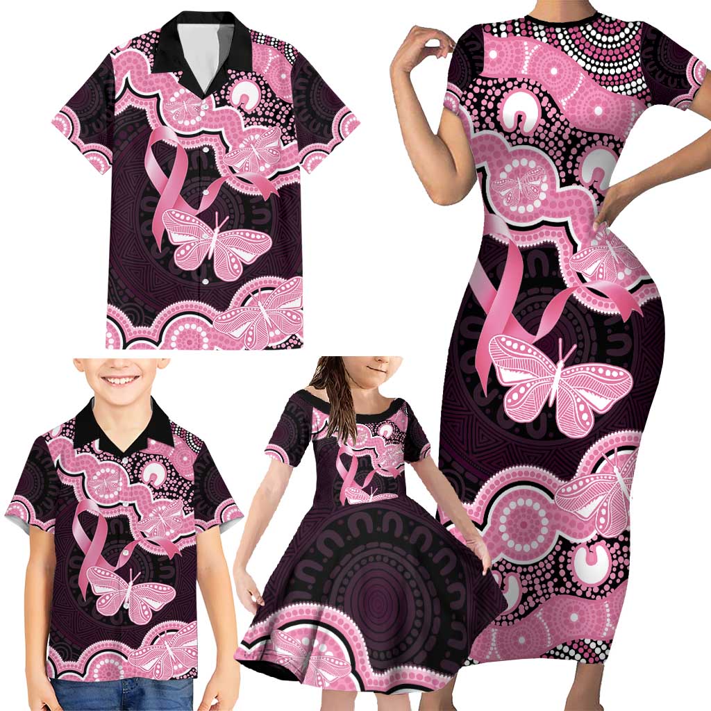 Australia Indigenous Family Matching Short Sleeve Bodycon Dress and Hawaiian Shirt Pink Ribbon Breast Cancer Butterfly Aboriginal Black - Aussie Hoodie