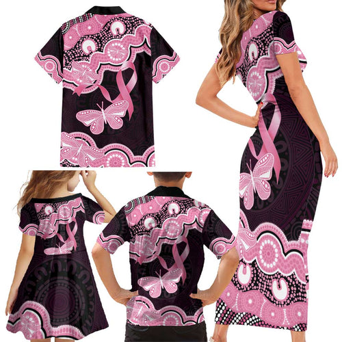Australia Indigenous Family Matching Short Sleeve Bodycon Dress and Hawaiian Shirt Pink Ribbon Breast Cancer Butterfly Aboriginal Black - Aussie Hoodie