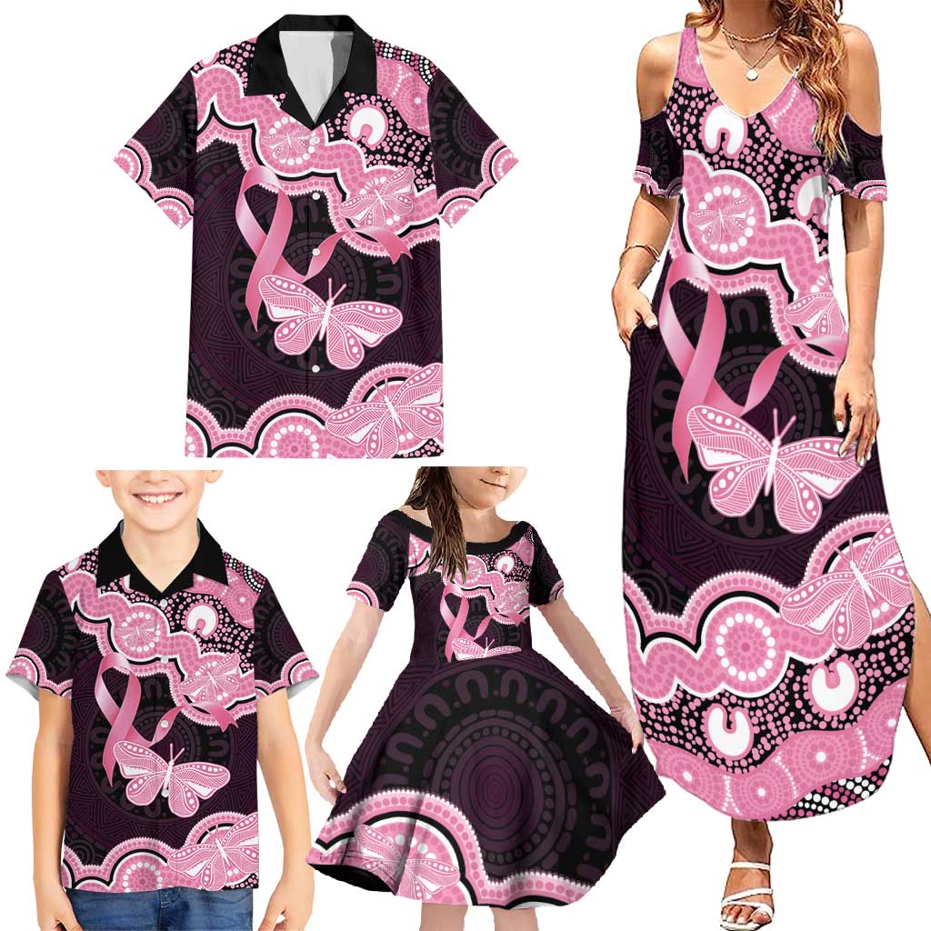 Australia Indigenous Family Matching Summer Maxi Dress and Hawaiian Shirt Pink Ribbon Breast Cancer Butterfly Aboriginal Black - Aussie Hoodie