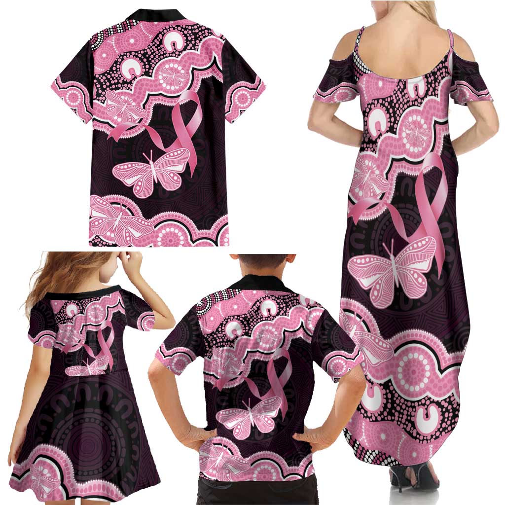 Australia Indigenous Family Matching Summer Maxi Dress and Hawaiian Shirt Pink Ribbon Breast Cancer Butterfly Aboriginal Black - Aussie Hoodie