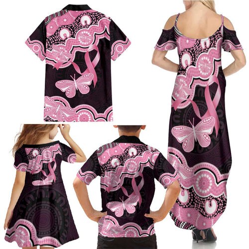 Australia Indigenous Family Matching Summer Maxi Dress and Hawaiian Shirt Pink Ribbon Breast Cancer Butterfly Aboriginal Black - Aussie Hoodie