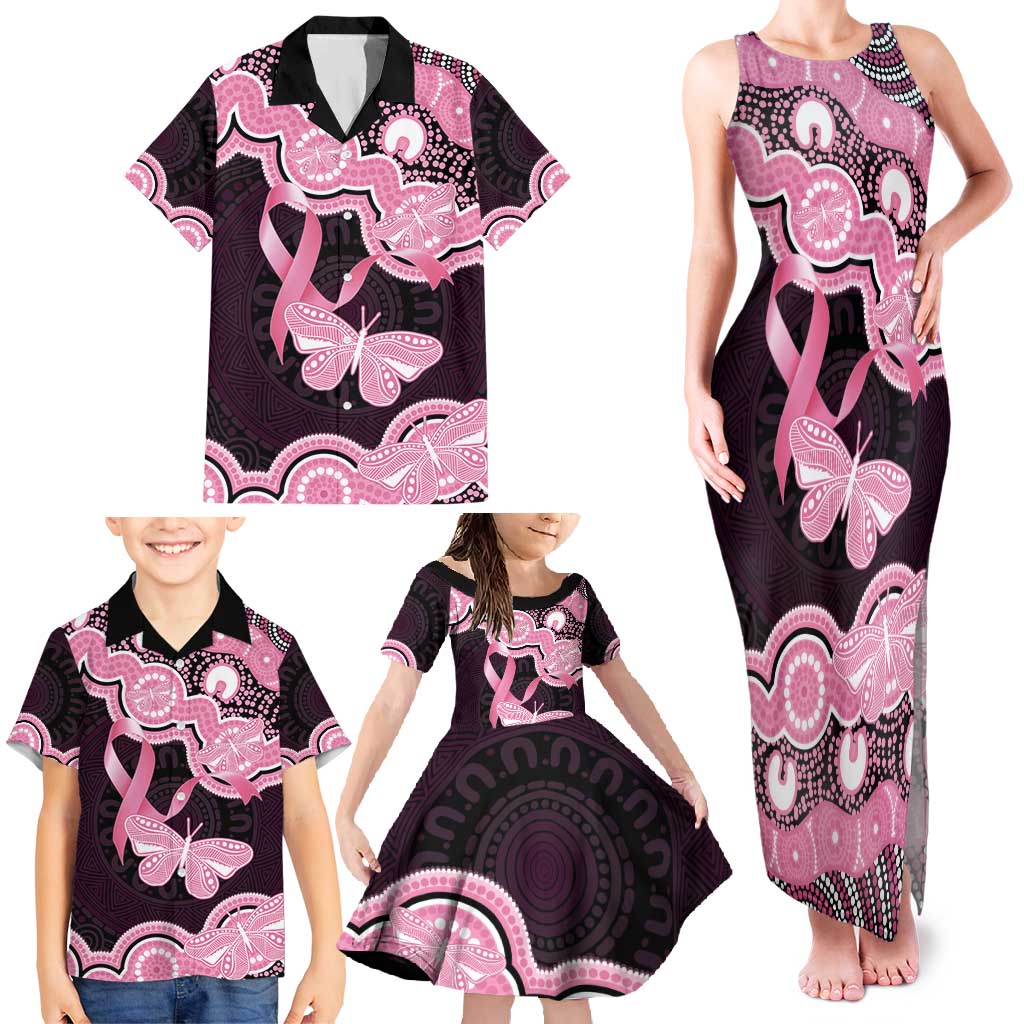 Australia Indigenous Family Matching Tank Maxi Dress and Hawaiian Shirt Pink Ribbon Breast Cancer Butterfly Aboriginal Black - Aussie Hoodie
