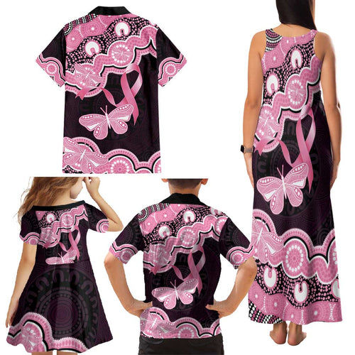 Australia Indigenous Family Matching Tank Maxi Dress and Hawaiian Shirt Pink Ribbon Breast Cancer Butterfly Aboriginal Black - Aussie Hoodie