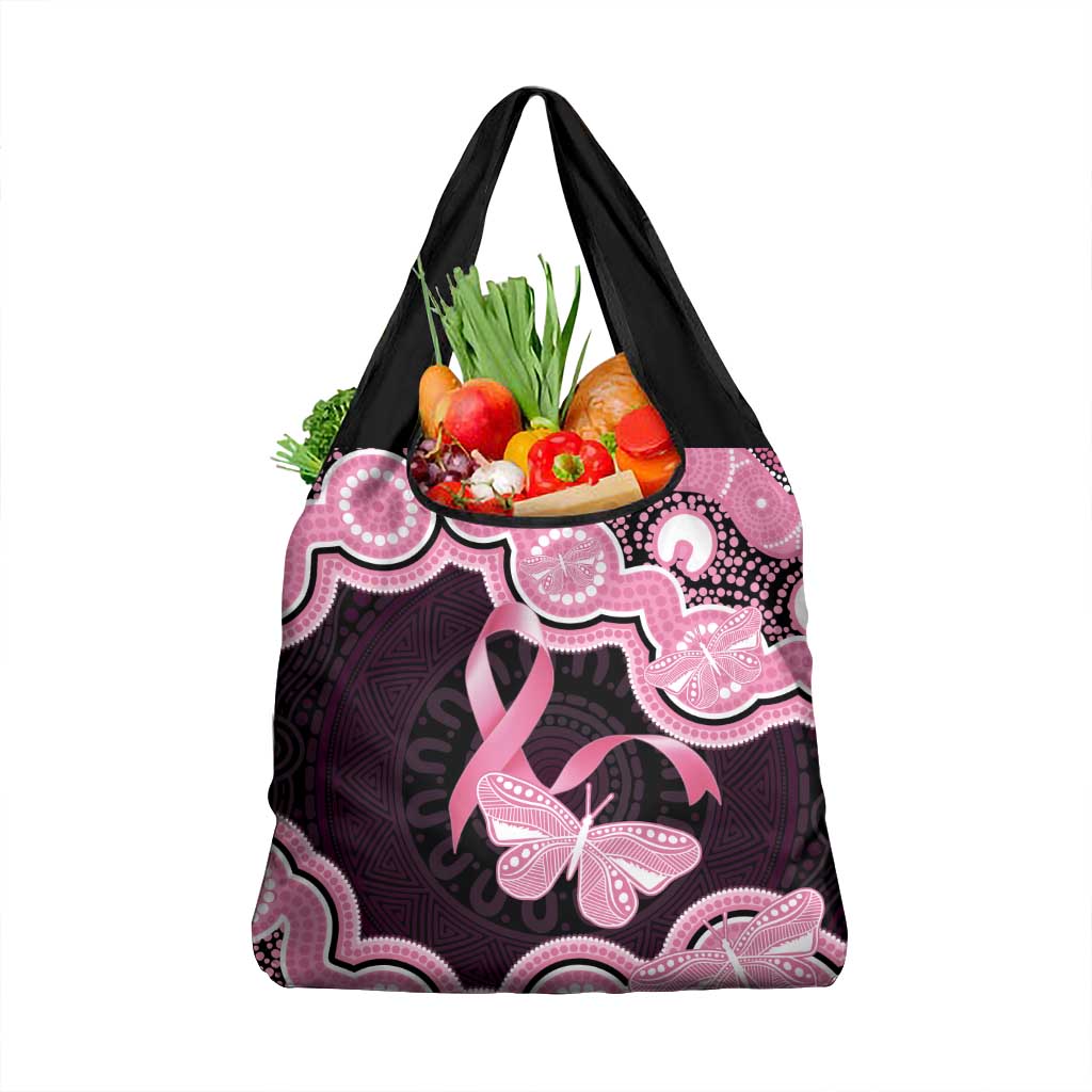 Australia Indigenous Grocery Bag Pink Ribbon Breast Cancer Butterfly Aboriginal Black - Aussie Hoodie