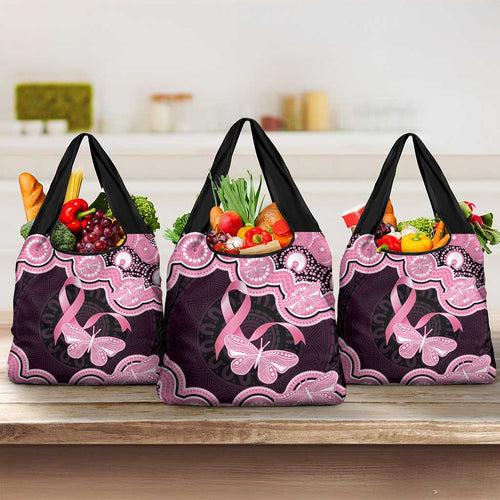Australia Indigenous Grocery Bag Pink Ribbon Breast Cancer Butterfly Aboriginal Black - Aussie Hoodie