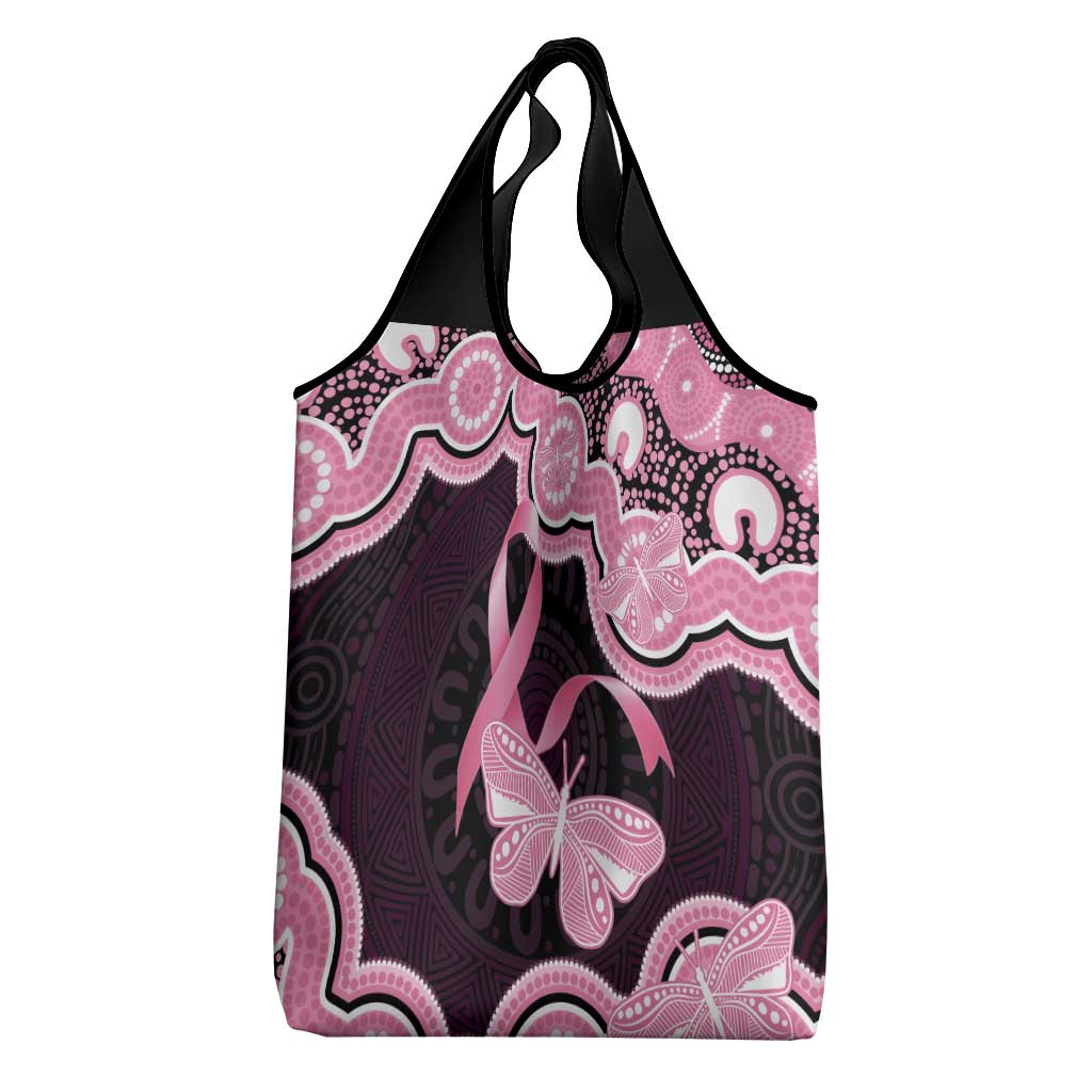 Australia Indigenous Grocery Bag Pink Ribbon Breast Cancer Butterfly Aboriginal Black - Aussie Hoodie