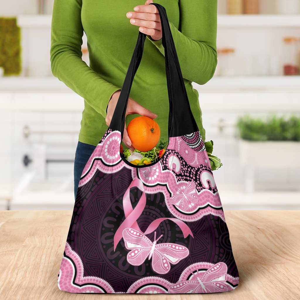 Australia Indigenous Grocery Bag Pink Ribbon Breast Cancer Butterfly Aboriginal Black - Aussie Hoodie