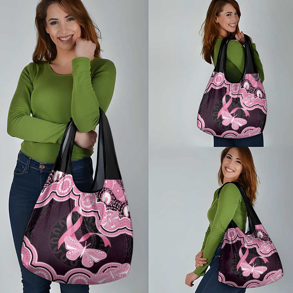 Australia Indigenous Grocery Bag Pink Ribbon Breast Cancer Butterfly Aboriginal Black - Aussie Hoodie