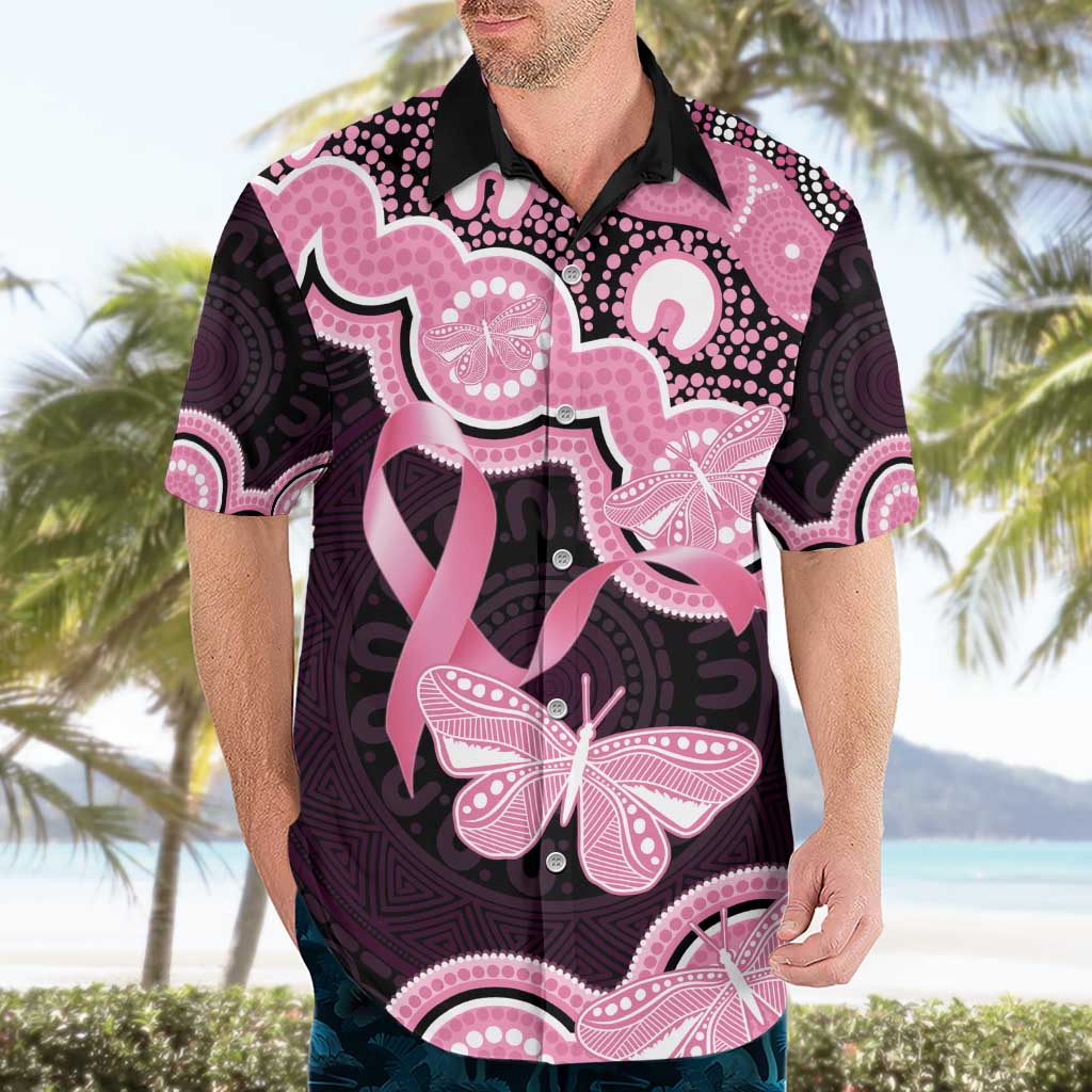 Australia Indigenous Hawaiian Shirt Pink Ribbon Breast Cancer Butterfly Aboriginal Black - Aussie Hoodie