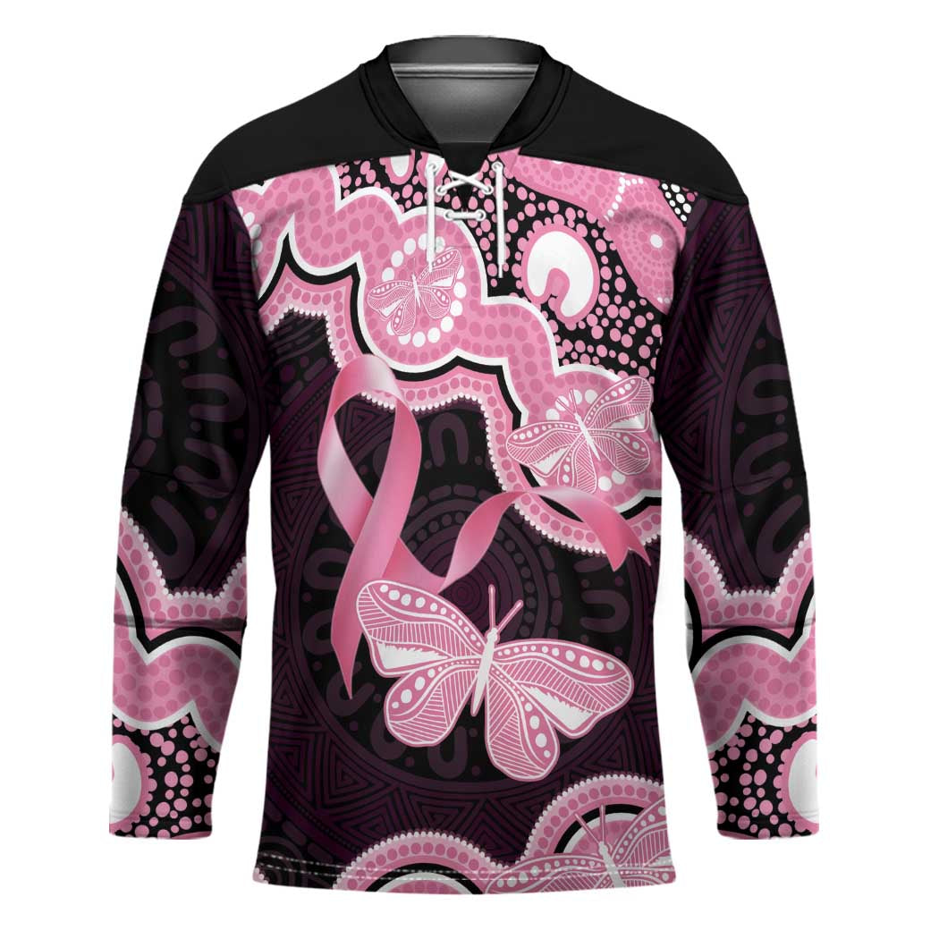 Australia Indigenous Hockey Jersey Pink Ribbon Breast Cancer Butterfly Aboriginal Black - Aussie Hoodie