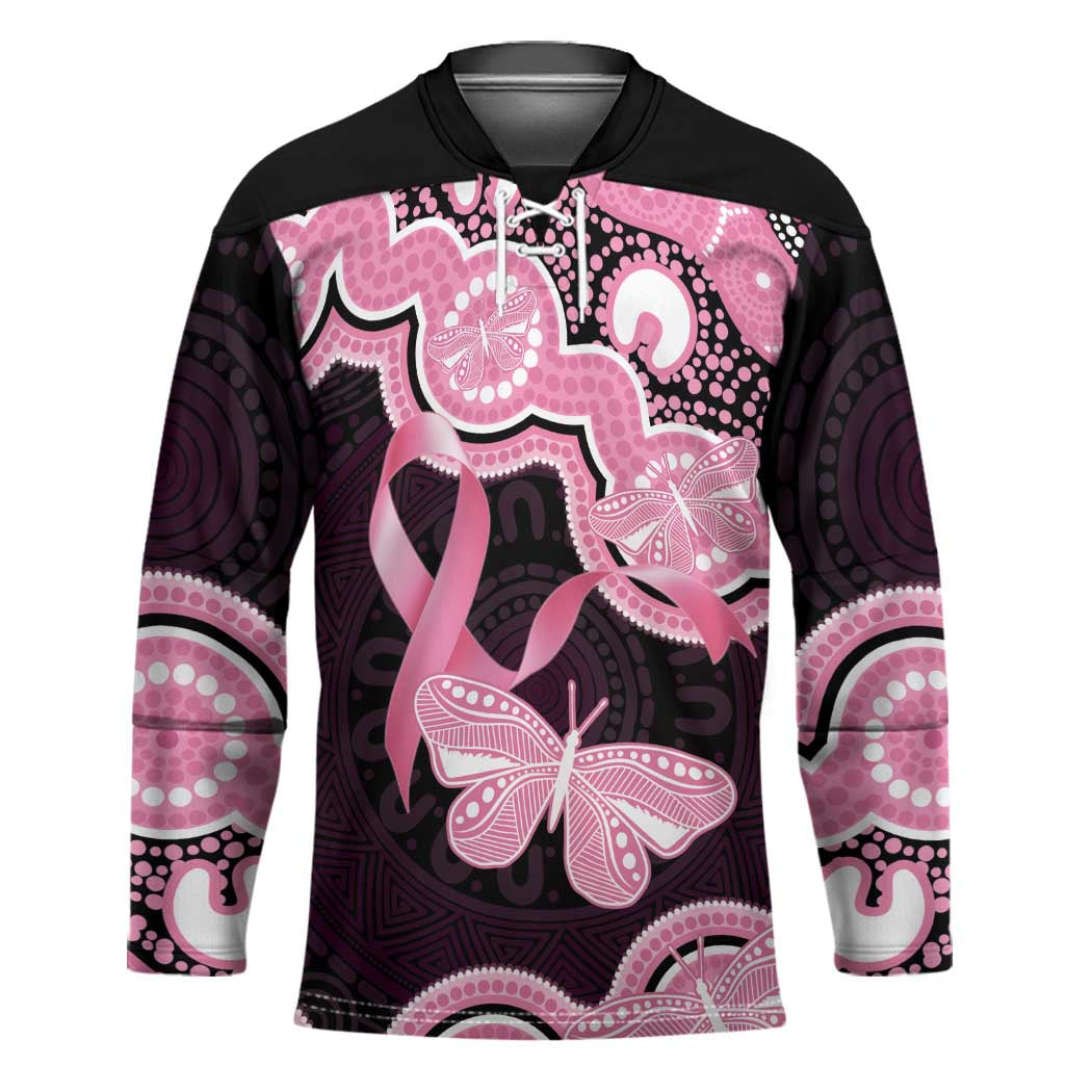 Australia Indigenous Hockey Jersey Pink Ribbon Breast Cancer Butterfly Aboriginal Black - Aussie Hoodie