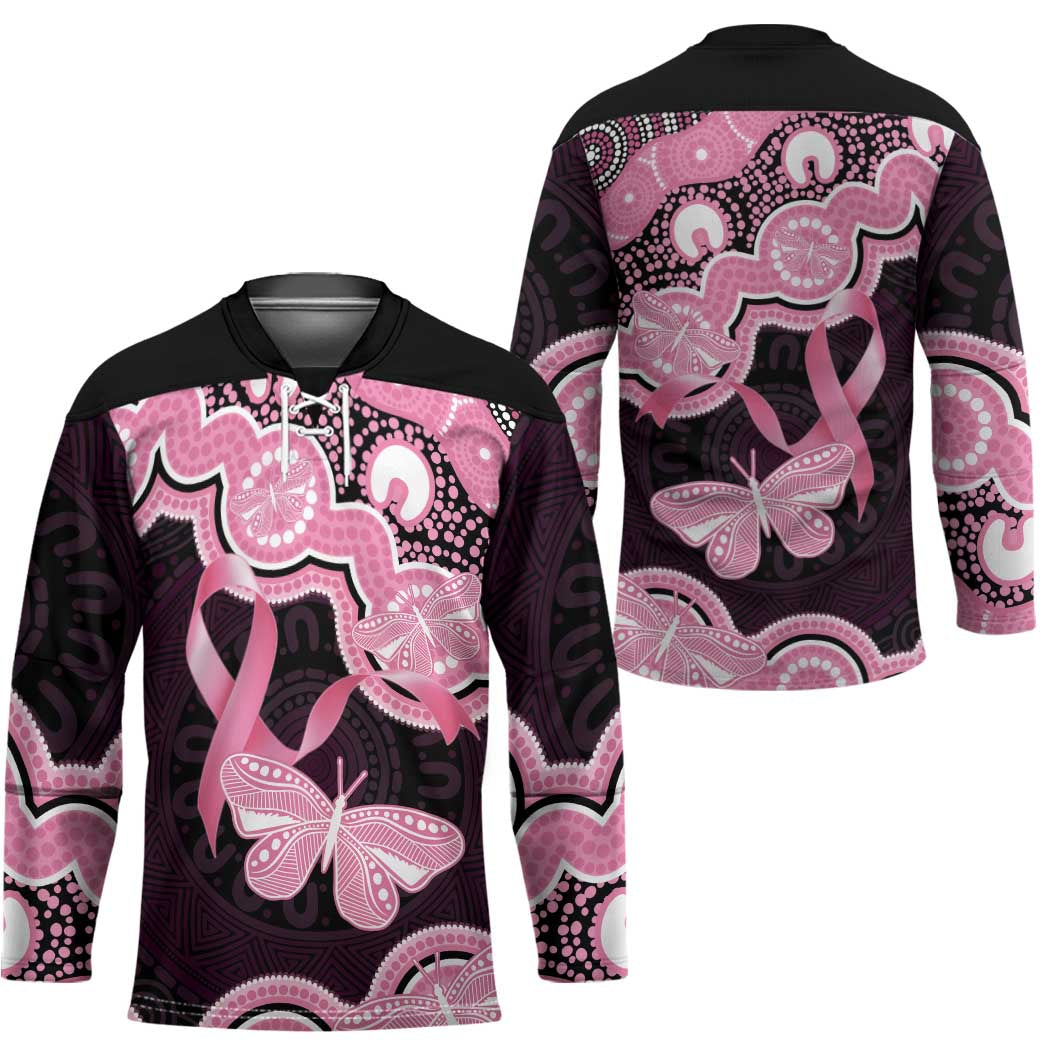 Australia Indigenous Hockey Jersey Pink Ribbon Breast Cancer Butterfly Aboriginal Black - Aussie Hoodie