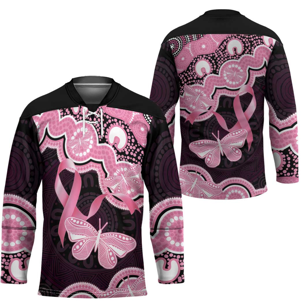 Australia Indigenous Hockey Jersey Pink Ribbon Breast Cancer Butterfly Aboriginal Black - Aussie Hoodie