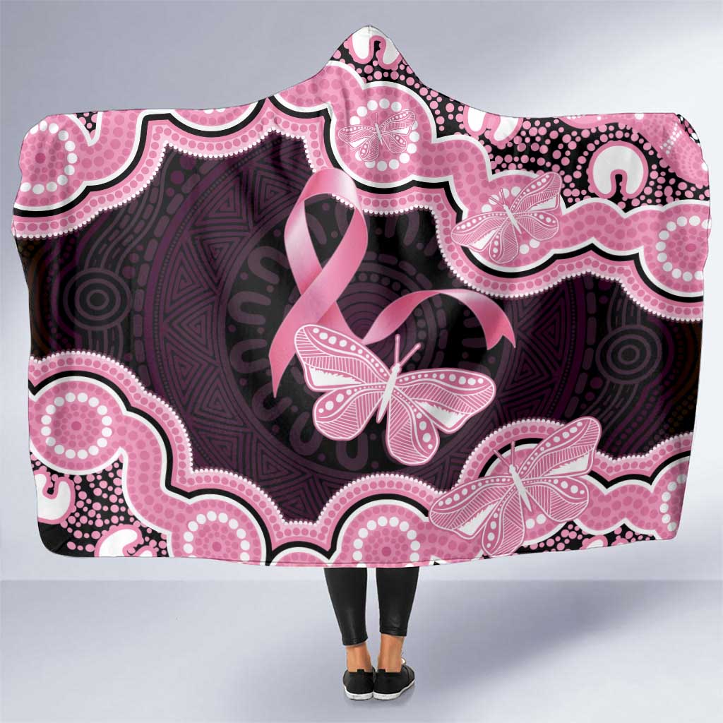 Australia Indigenous Hooded Blanket Pink Ribbon Breast Cancer Butterfly Aboriginal Black - Aussie Hoodie