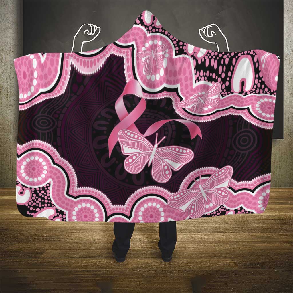 Australia Indigenous Hooded Blanket Pink Ribbon Breast Cancer Butterfly Aboriginal Black - Aussie Hoodie