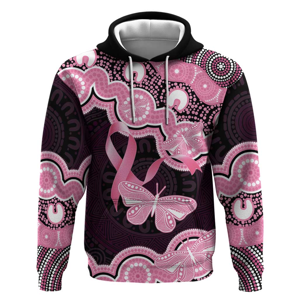 Australia Indigenous Hoodie Pink Ribbon Breast Cancer Butterfly Aboriginal Black - Aussie Hoodie