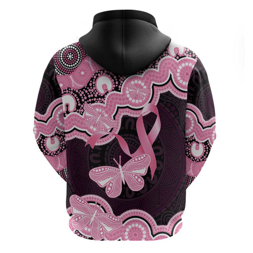 Australia Indigenous Hoodie Pink Ribbon Breast Cancer Butterfly Aboriginal Black - Aussie Hoodie