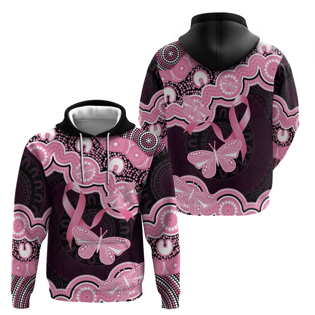 Australia Indigenous Hoodie Pink Ribbon Breast Cancer Butterfly Aboriginal Black - Aussie Hoodie