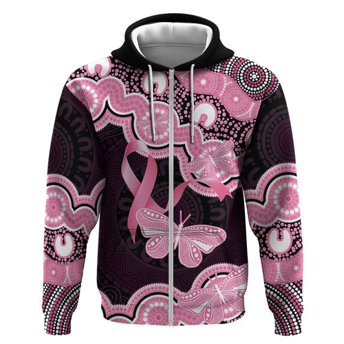 Australia Indigenous Hoodie Pink Ribbon Breast Cancer Butterfly Aboriginal Black - Aussie Hoodie