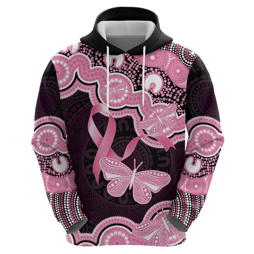 Australia Indigenous Hoodie Pink Ribbon Breast Cancer Butterfly Aboriginal Black - Aussie Hoodie