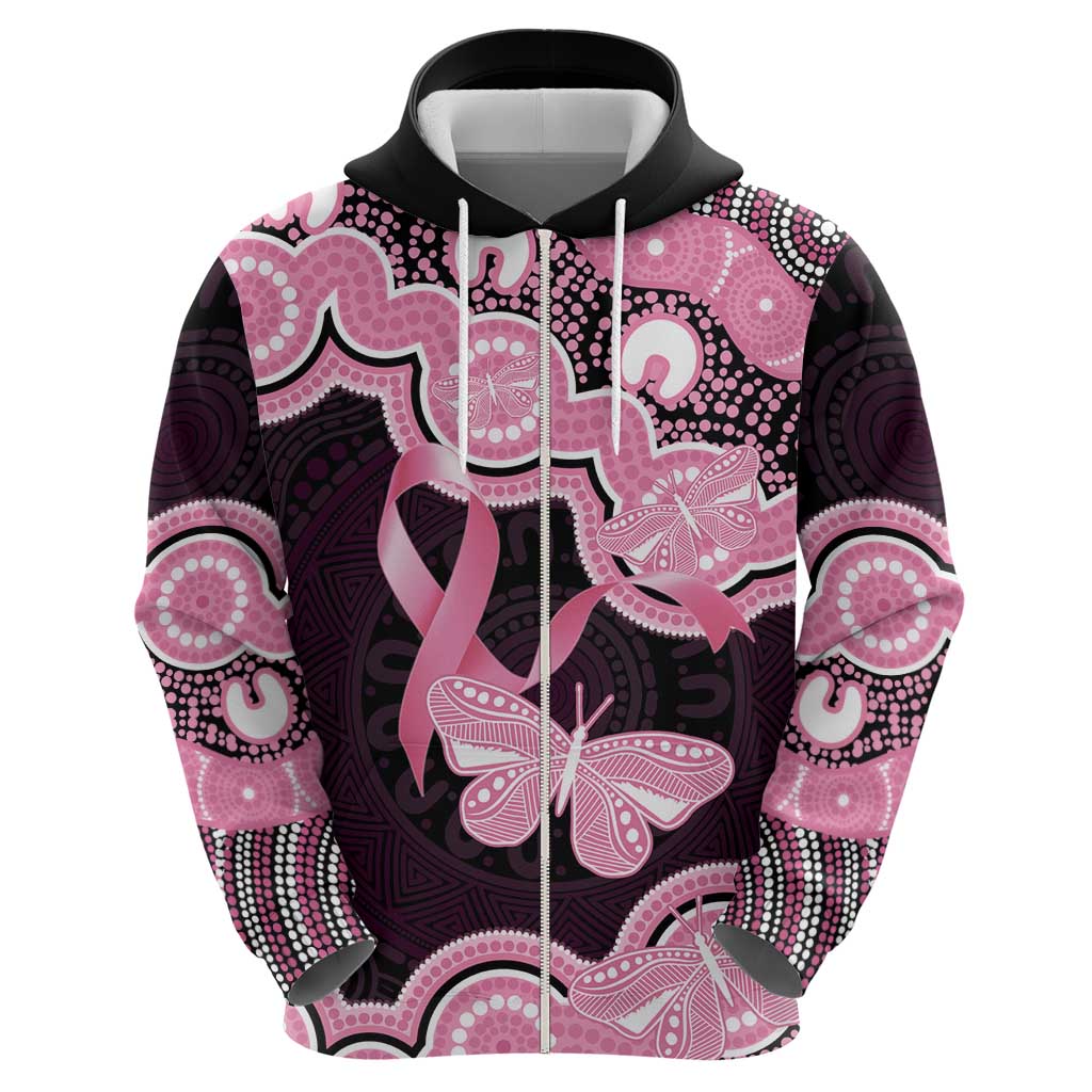Australia Indigenous Hoodie Pink Ribbon Breast Cancer Butterfly Aboriginal Black - Aussie Hoodie