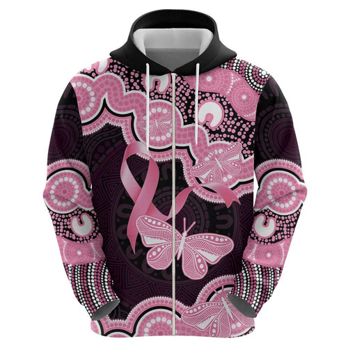 Australia Indigenous Hoodie Pink Ribbon Breast Cancer Butterfly Aboriginal Black - Aussie Hoodie