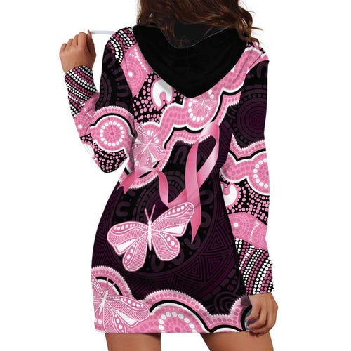 Australia Indigenous Hoodie Dress Pink Ribbon Breast Cancer Butterfly Aboriginal Black - Aussie Hoodie