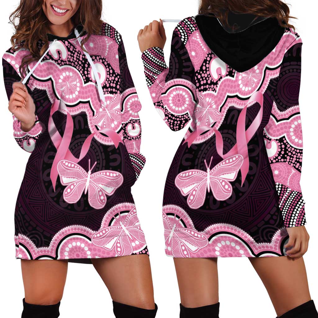 Australia Indigenous Hoodie Dress Pink Ribbon Breast Cancer Butterfly Aboriginal Black - Aussie Hoodie