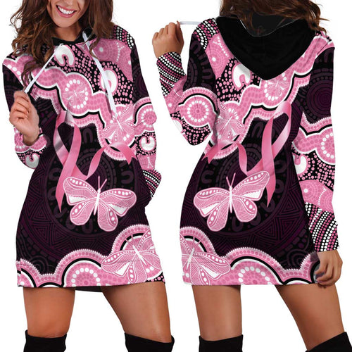 Australia Indigenous Hoodie Dress Pink Ribbon Breast Cancer Butterfly Aboriginal Black - Aussie Hoodie