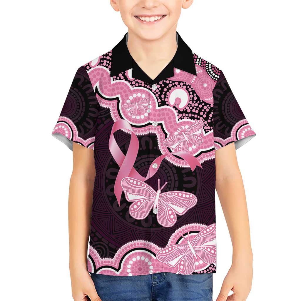 Australia Indigenous Kid Hawaiian Shirt Pink Ribbon Breast Cancer Butterfly Aboriginal Black - Aussie Hoodie
