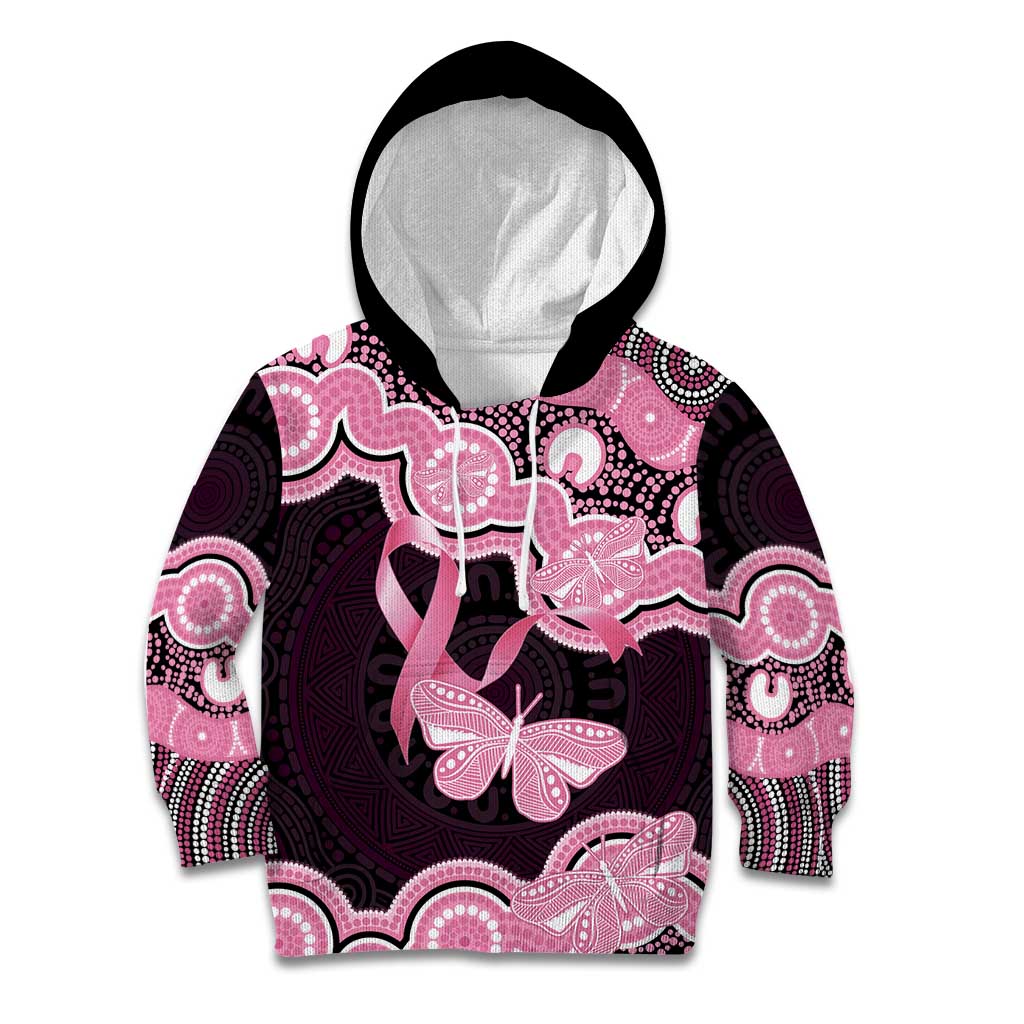 Australia Indigenous Kid Hoodie Pink Ribbon Breast Cancer Butterfly Aboriginal Black - Aussie Hoodie