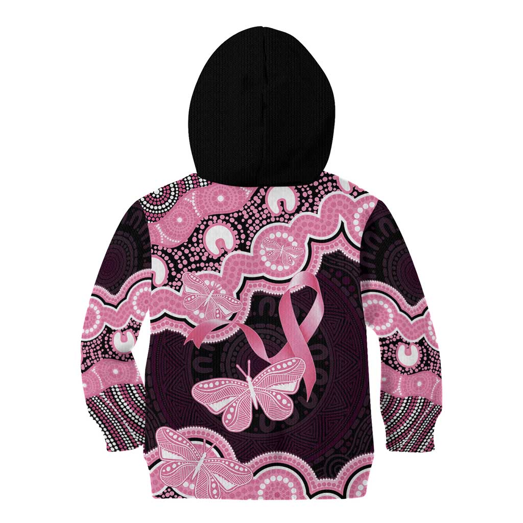 Australia Indigenous Kid Hoodie Pink Ribbon Breast Cancer Butterfly Aboriginal Black - Aussie Hoodie