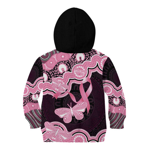 Australia Indigenous Kid Hoodie Pink Ribbon Breast Cancer Butterfly Aboriginal Black - Aussie Hoodie