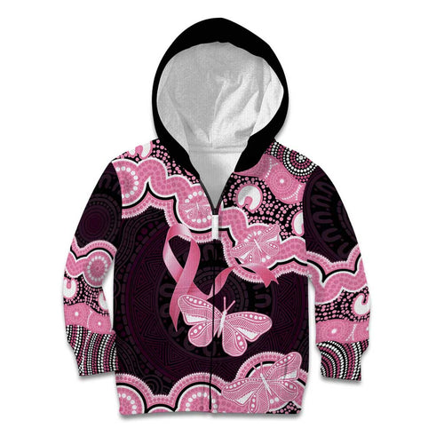 Australia Indigenous Kid Hoodie Pink Ribbon Breast Cancer Butterfly Aboriginal Black - Aussie Hoodie