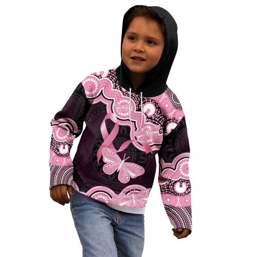 Australia Indigenous Kid Hoodie Pink Ribbon Breast Cancer Butterfly Aboriginal Black - Aussie Hoodie