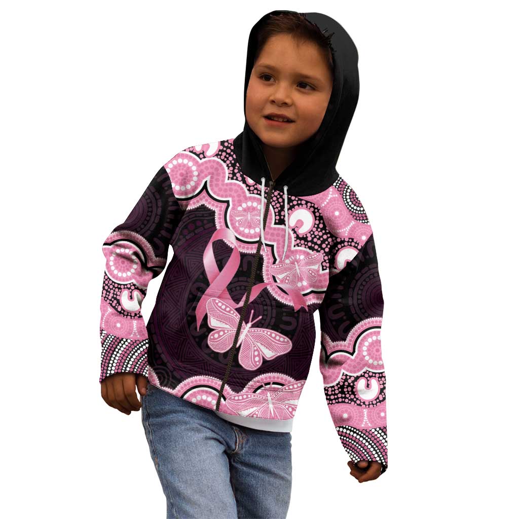 Australia Indigenous Kid Hoodie Pink Ribbon Breast Cancer Butterfly Aboriginal Black - Aussie Hoodie