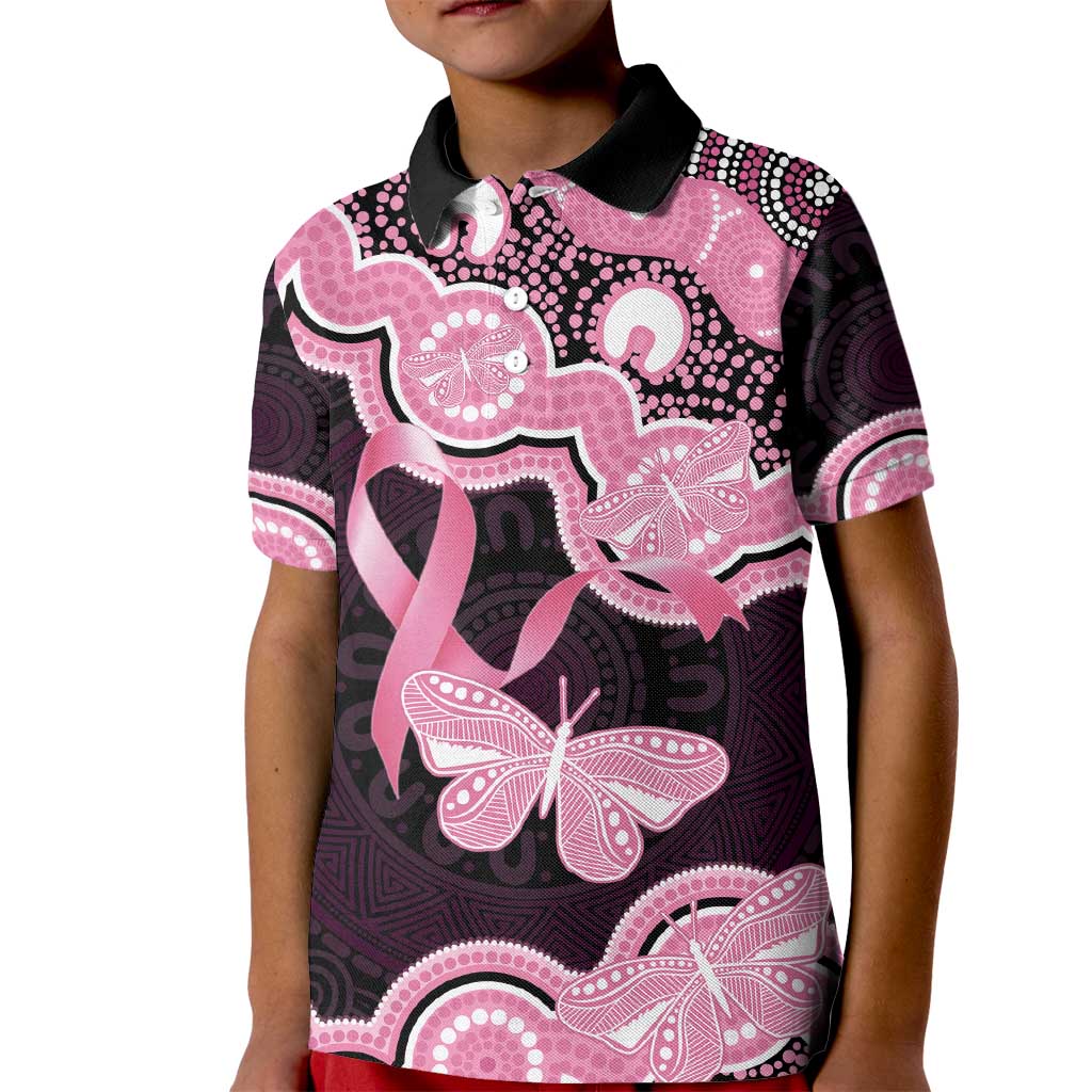 Australia Indigenous Kid Polo Shirt Pink Ribbon Breast Cancer Butterfly Aboriginal Black - Aussie Hoodie