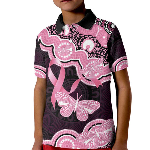 Australia Indigenous Kid Polo Shirt Pink Ribbon Breast Cancer Butterfly Aboriginal Black - Aussie Hoodie