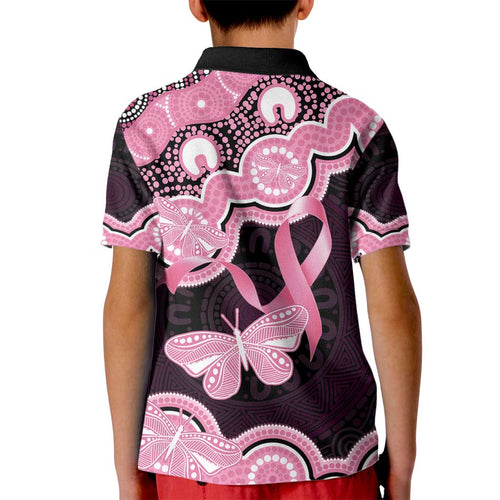 Australia Indigenous Kid Polo Shirt Pink Ribbon Breast Cancer Butterfly Aboriginal Black - Aussie Hoodie