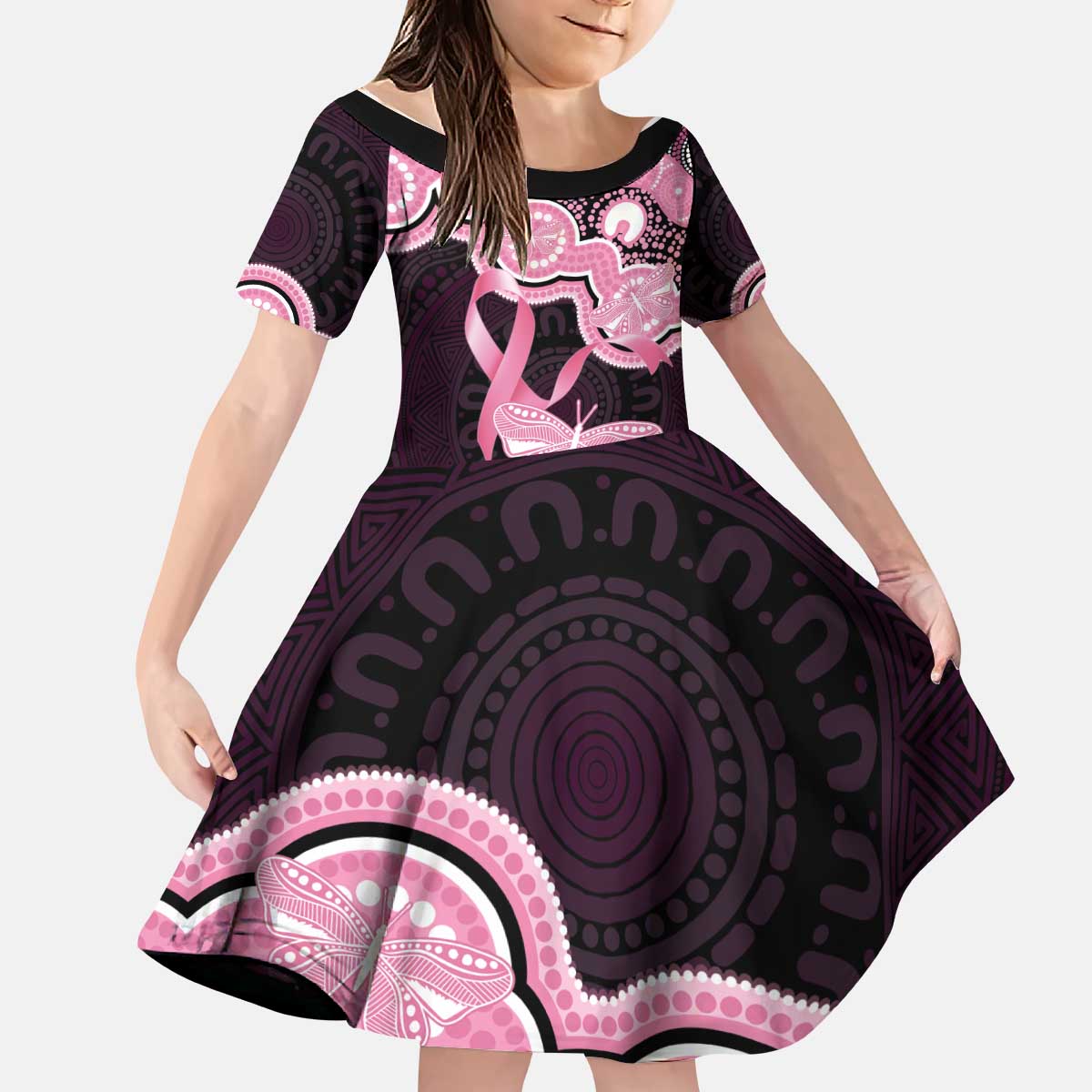 Australia Indigenous Kid Short Sleeve Dress Pink Ribbon Breast Cancer Butterfly Aboriginal Black - Aussie Hoodie