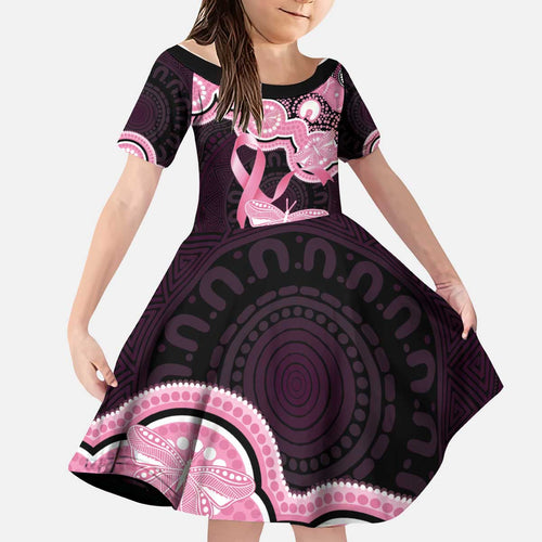 Australia Indigenous Kid Short Sleeve Dress Pink Ribbon Breast Cancer Butterfly Aboriginal Black - Aussie Hoodie